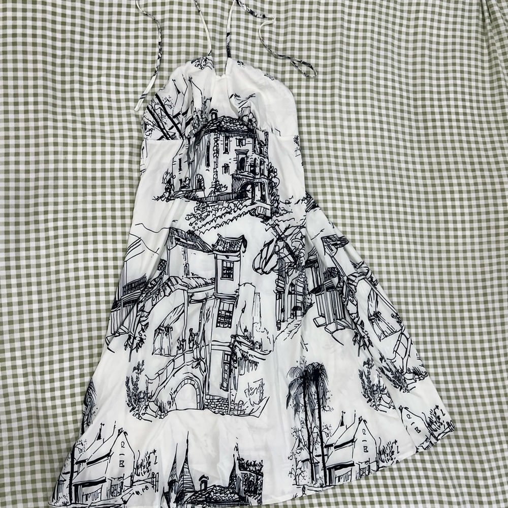 Midi white and black tie neck dress with toile coquette pattern